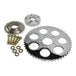 The TC Bros. Belt-to-Chain Conversion Kit for 2006-2017 Harley-Davidson Dyna (Chrome) includes metal sprockets, washers, bolts, and a spacer—ideal for your belt-to-chain conversion project.