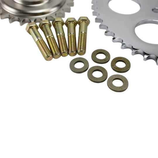 The TC Bros. Belt-to-Chain Conversion Kit for 2006-2017 Harley-Davidson Dyna (Chrome) includes metal sprockets, washers, bolts, and a spacer—ideal for your belt-to-chain conversion project.