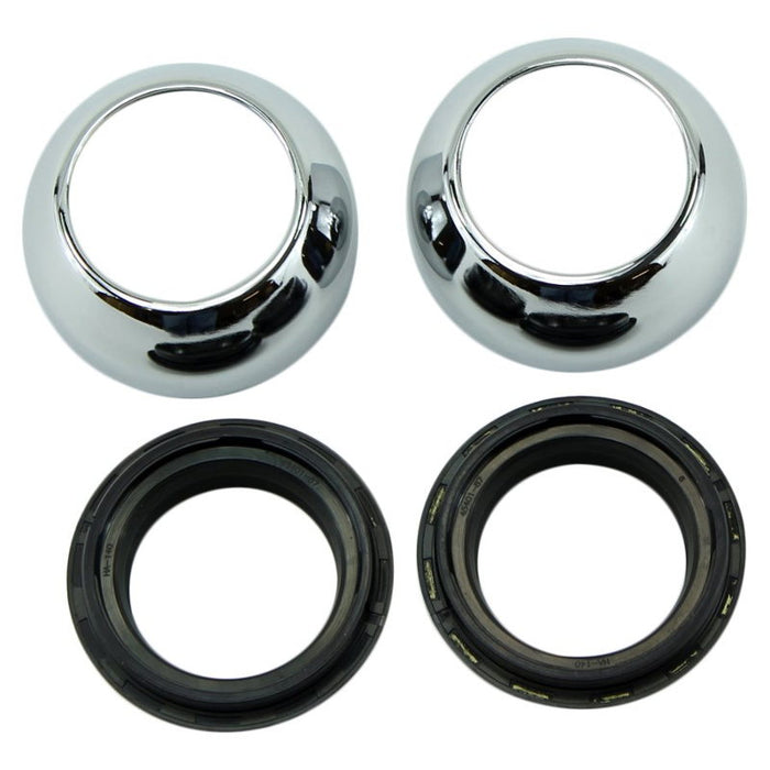 A pair of 39mm Chrome Fork Boots and Seals for Sportster Models, rubber seals and rubber fork boots by Biker&