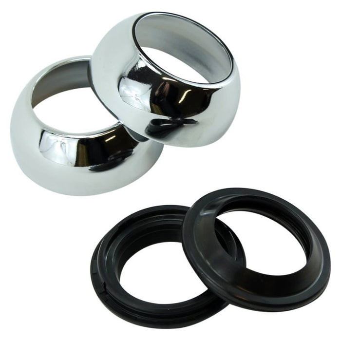 A pair of 39mm chrome-plated dust shields and black rubber Biker&