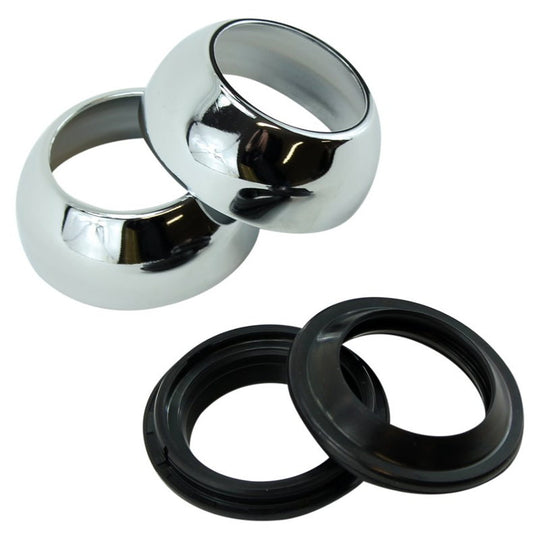 A pair of 39mm chrome-plated dust shields and black rubber Biker's Choice fork boots.