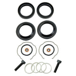 A Moto Iron® Fork Seal Kit for Harley-Davidson 39mm fork, featuring rubber seals, metal washers, retaining clips, and two bolts on a white background—ideal for completing your Moto Iron® front-end rebuild.