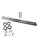 TC Bros. Extended Fork Tube Kit (+6") for Harley-Davidson 39mm Forks includes chrome tubes, spacers, rubber rings, washers, screws, and hardware—ideal for upgrading Sportster and Dyna motorcycles.
