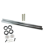 TC Bros. Extended Fork Tube Kit (+6") for Harley-Davidson 39mm Forks includes chrome tubes, spacers, rubber rings, washers, screws, and hardware—ideal for upgrading Sportster and Dyna motorcycles.