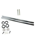 The TC Bros. Extended Fork Tube Kit (+8") for Harley-Davidson 39mm Forks includes two chrome tubes, white spacers, seals, O-rings, clips, and bolts—displayed together on a white background.