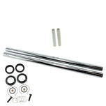 The TC Bros. Extended Fork Tube Kit (+8") for Harley-Davidson 39mm Forks includes two chrome tubes, white spacers, seals, O-rings, clips, and bolts—displayed together on a white background.