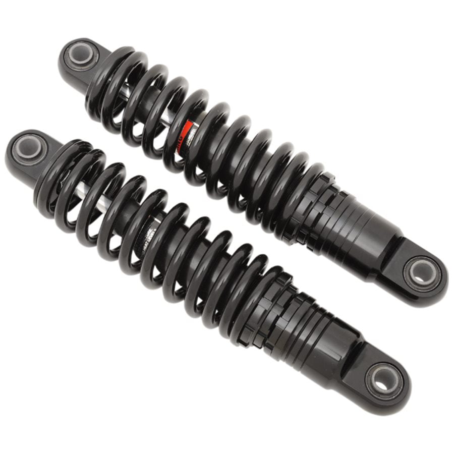 A pair of black Drag Specialties Premium Ride-Height Adjustable Shocks with adjustable spring preload and ride-height adjustability on a white background.