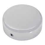 A white round Drag Specialties Steering Stem Bolt Cover for 87-09 Sportster 99-17 Dyna in Chrome on a white background.