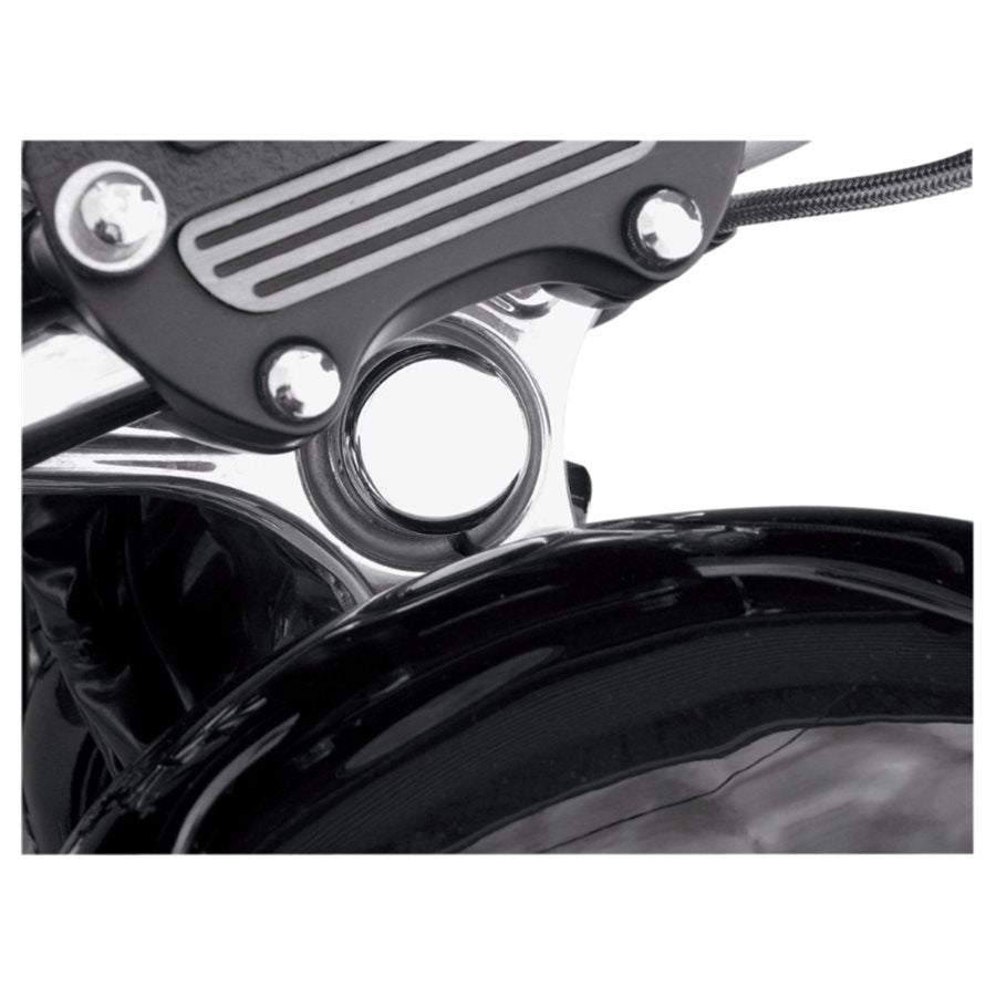 A white round Drag Specialties Steering Stem Bolt Cover for 87-09 Sportster 99-17 Dyna in Chrome on a white background.