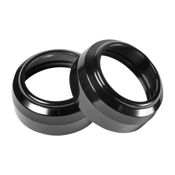 Two Performance Machine - Black 49MM Fork Dust Caps on a white background.