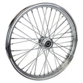 The Moto Iron® 40 spoke 21 x 2.15 Chopper Spool Wheel in chrome features a CNC-machined billet aluminum hub and multiple metal spokes, shown from the side against a white background.