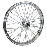 The Moto Iron® 40 spoke 21 x 2.15 Chopper Spool Wheel in chrome features a CNC-machined billet aluminum hub and multiple metal spokes, shown from the side against a white background.