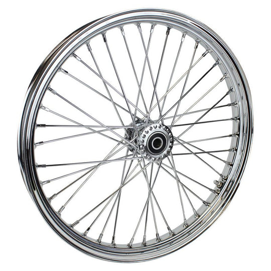 The Moto Iron® 40 spoke 21 x 2.15 Chopper Spool Wheel in chrome features a CNC-machined billet aluminum hub and multiple metal spokes, shown from the side against a white background.