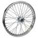 The Moto Iron® 40 spoke 21 x 2.15 Chopper Spool Wheel in chrome features a CNC-machined billet aluminum hub and multiple metal spokes, shown from the side against a white background.