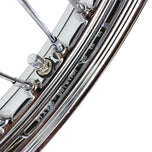 The Moto Iron® 40 spoke 21 x 2.15 Chopper Spool Wheel in chrome features a CNC-machined billet aluminum hub and multiple metal spokes, shown from the side against a white background.