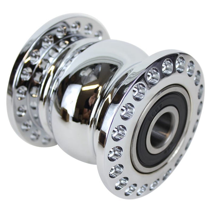 An image of a Moto Iron® Chrome Front 40 Spoke Spool Wheel Hub fits 3/4 Harley Axle with a chrome plated hub.