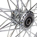 A close up image of a Moto Iron® Chrome Front 40 Spoke Spool Wheel Hub fits 3/4 Harley Axle, featuring a CNC machined triple chrome plated hub.