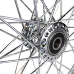 The Moto Iron® 40 spoke 21 x 2.15 Chopper Spool Wheel in chrome features a CNC-machined billet aluminum hub and multiple metal spokes, shown from the side against a white background.