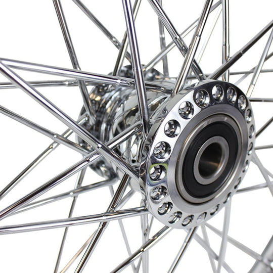 The Moto Iron® 40 spoke 21 x 2.15 Chopper Spool Wheel in chrome features a CNC-machined billet aluminum hub and multiple metal spokes, shown from the side against a white background.