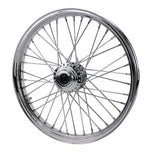 A chrome Moto Iron® Chrome Front 40 Spoke Wheel 21" x 2.15" (fits Harley FX, Sportster 1984-1999) Billet Hub on a white background.