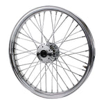 The Moto Iron® 21" × 2.15" front wheel fits 1984-1999 Harley-Davidson FX and Sportster models with a single disc; shown in chrome and black finishes.