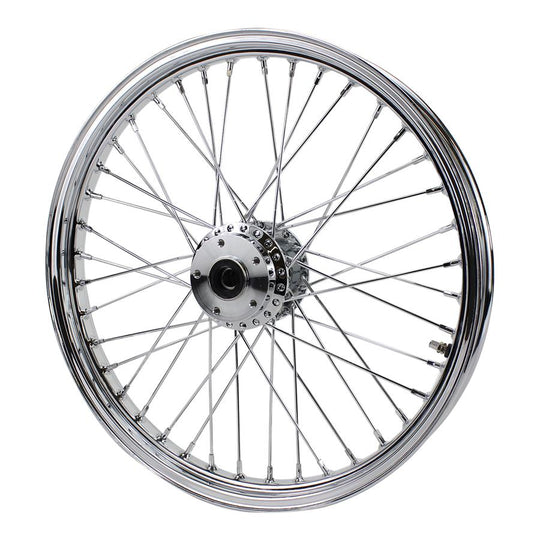 A Moto Iron® Complete 21” × 2.15” Front Wheel for 1984-1999 Harley FX and Sportster, featuring chrome spokes, hub, and axle, is shown side-on against a white background.