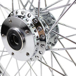 The Moto Iron® 21" × 2.15" front wheel fits 1984-1999 Harley-Davidson FX and Sportster models with a single disc; shown in chrome and black finishes.