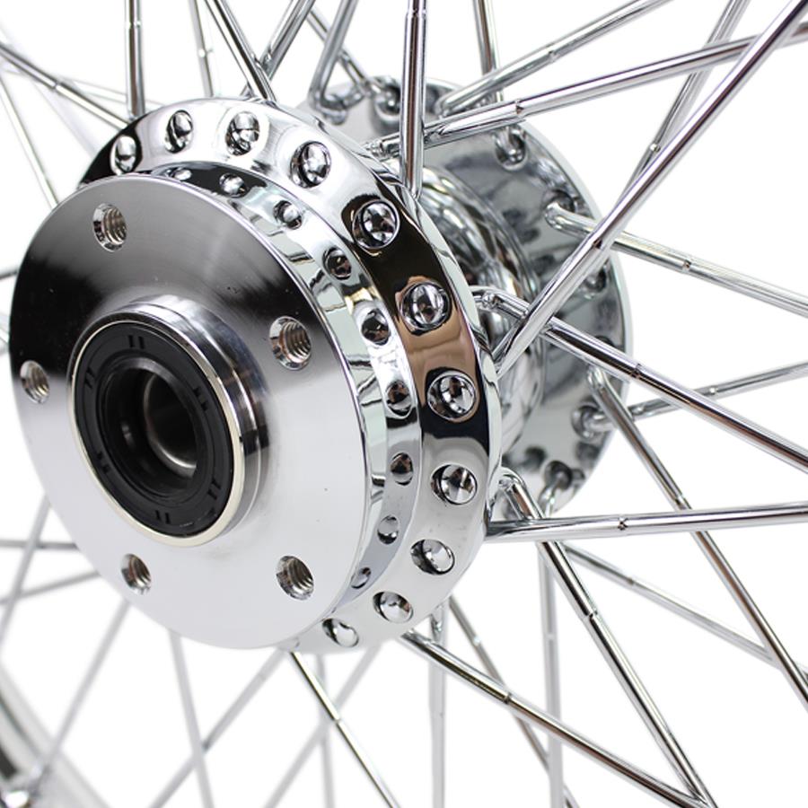 A close-up of a Moto Iron® Chrome Front 40 Spoke Wheel 21 "x 2.15" (fits Harley FX,Sportster 1984-1999) Billet Hub on a Harley FX and Sportster motorcycle with spokes.