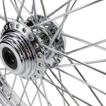 The Moto Iron® 21" × 2.15" front wheel fits 1984-1999 Harley-Davidson FX and Sportster models with a single disc; shown in chrome and black finishes.