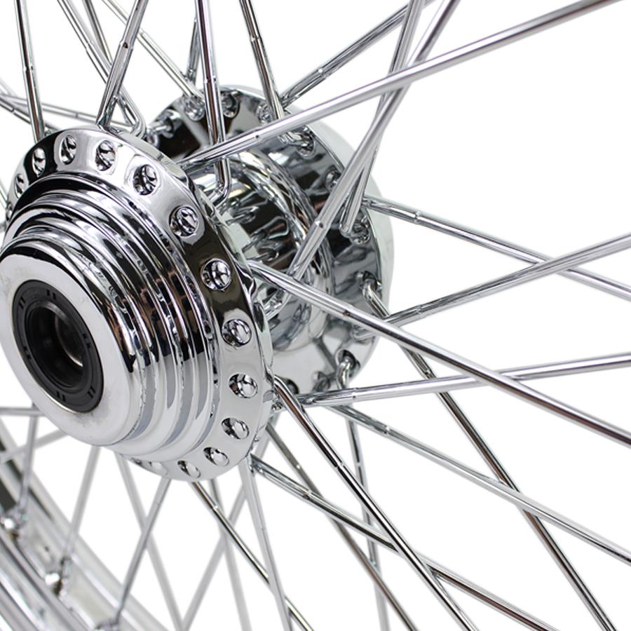 A close up of a chrome spoked Moto Iron® Chrome Front 40 Spoke Wheel 21 "x 2.15" (fits Harley FX,Sportster 1984-1999) Billet Hub on a white background.