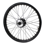 The Moto Iron® 21" × 2.15" front wheel fits 1984-1999 Harley-Davidson FX and Sportster models with a single disc; shown in chrome and black finishes.