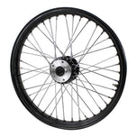 A Moto Iron® Black Front 40 Spoke Wheel 21 "x 2.15" (fits Harley FX,Sportster 1984-1999) Billet Hub on a white background.