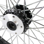 The Moto Iron® 21" × 2.15" front wheel fits 1984-1999 Harley-Davidson FX and Sportster models with a single disc; shown in chrome and black finishes.