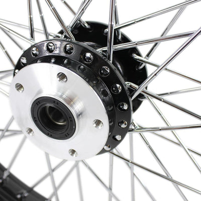 A close up of a Moto Iron® Black Front 40 Spoke Wheel 21"x 2.15" (fits Harley FX, Sportster 1984-1999) Billet Hub on a white background.