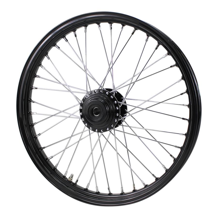 A Moto Iron® black front 40 spoke wheel on a white background, perfect for Harley FX and Sportster motorcycles.