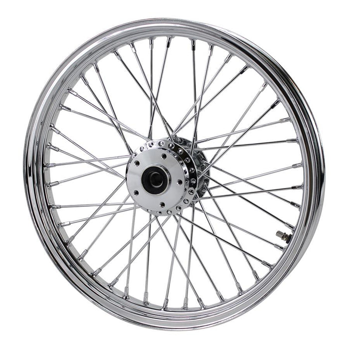 A Moto Iron® Chrome Front 40 Spoke Wheel 19" X 2.15" (fits Harley FX, Sportster 1984-1999) Billet Hub on a white background.