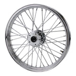 A Moto Iron® 19” × 2.15” front wheel for 1973-1999 Harley-Davidson Big Twin, featuring chrome spokes, central hub, and valve stem, photographed against a white background.