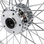 A Moto Iron® 19” × 2.15” front wheel for 1973-1999 Harley-Davidson Big Twin, featuring chrome spokes, central hub, and valve stem, photographed against a white background.