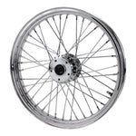 A Moto Iron® 19” × 2.15” front wheel for 1973-1999 Harley-Davidson Big Twin, featuring chrome spokes, central hub, and valve stem, photographed against a white background.