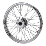 A Moto Iron® chrome front 40 spoke wheel with a billet hub on a white background.