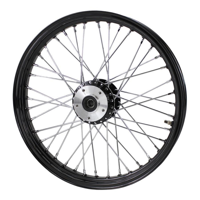 A black spoked Moto Iron® Black Front 40 Spoke Wheel 19" X 2.15" (fits Harley FX, Sportster 1984-1999) Billet Hub on a white background.