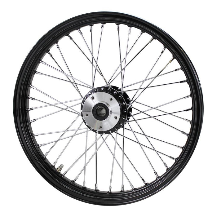 A black spoked Moto Iron® Black Front 40 Spoke Wheel 19" X 2.15" (fits Harley FX, Sportster 1984-1999) Billet Hub on a white background.