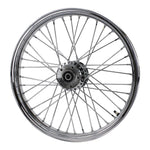 The Moto Iron® 21” × 2.15” Front Wheel fits 2000-2007 Harley-Davidson Dyna and Sportster models, featuring chrome spokes for a sleek, stylish upgrade.