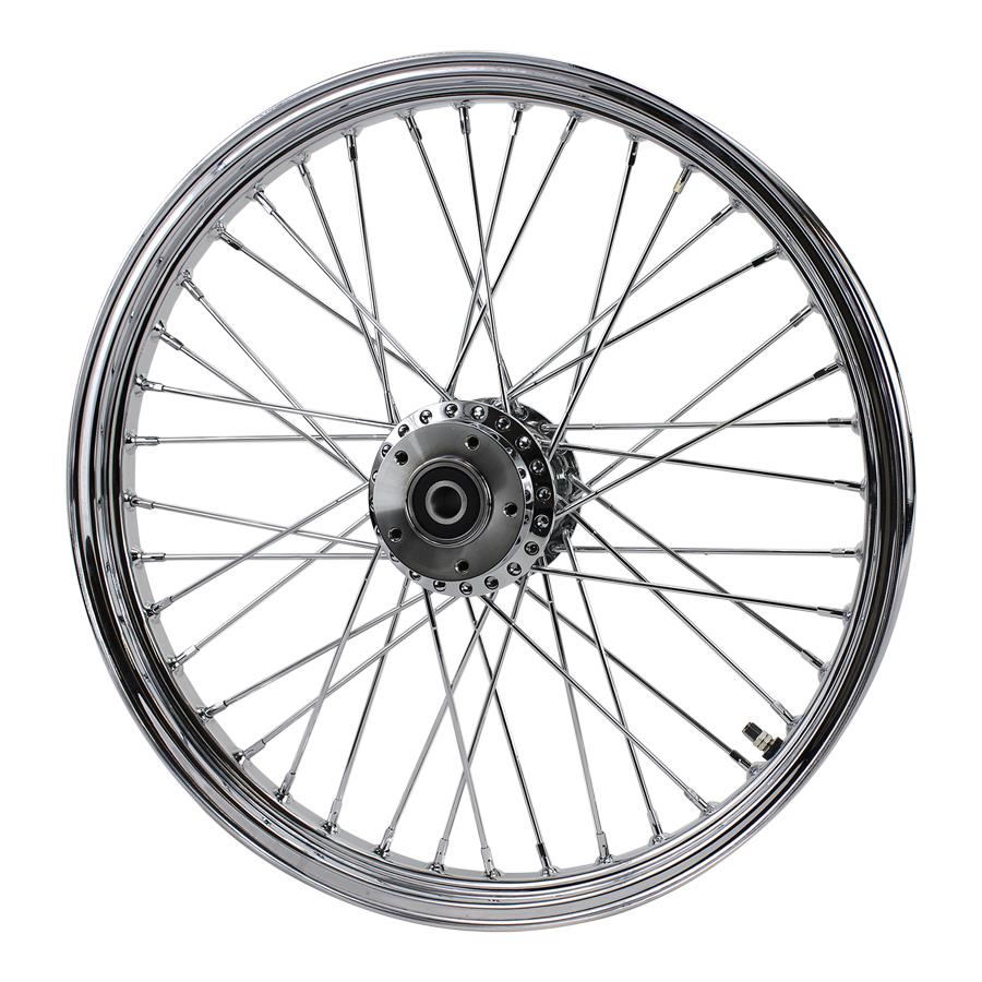 A Moto Iron® chrome front 40 spoke wheel on a white background, suitable for the Harley FXD motorcycle.