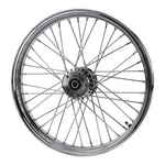 The Moto Iron® 21” × 2.15” Front Wheel fits 2000-2007 Harley-Davidson Dyna and Sportster models, featuring chrome spokes for a sleek, stylish upgrade.