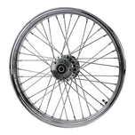 A Moto Iron® chrome front 40 spoke wheel on a white background, suitable for the Harley FXD motorcycle.