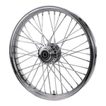 The Moto Iron® 21” × 2.15” Front Wheel fits 2000-2007 Harley-Davidson Dyna and Sportster models, featuring chrome spokes for a sleek, stylish upgrade.