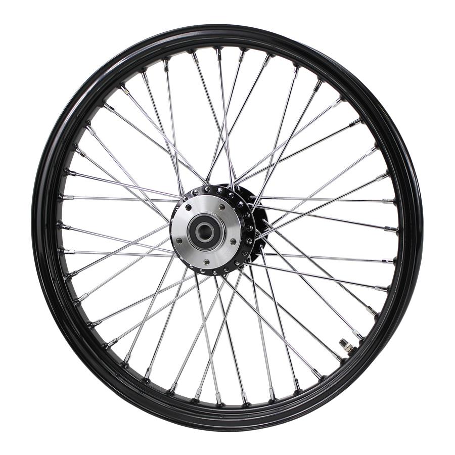A Moto Iron® black spoked wheel on a white background, designed specifically for Harley FXD motorcycles.