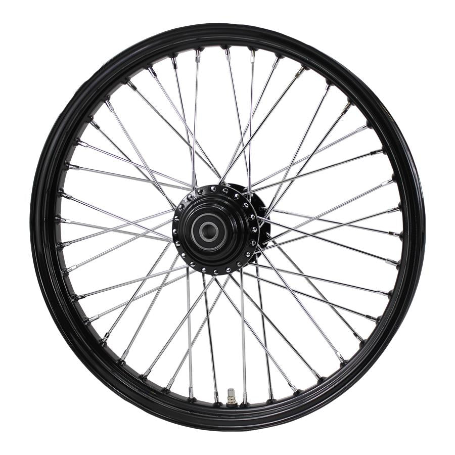 A black spoked Moto Iron® Black Front 40 Spoke Wheel 21 "x 2.15" (fits Harley FXD 2000-03,Sportster 2000-07) Billet Hub on a white background.