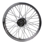A Moto Iron® 19” × 2.15” front wheel for 2000-2007 Harley-Davidson Dyna and Sportster, featuring a spoked chrome design and central hub, shown from the side against a white background.